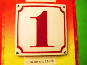 Hausnummer Emaille Nr. 1 rote Zahl auf weißem Hintergrund 14 cm x 14 cm  - Picture 1 of 2