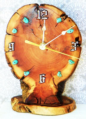 Burlwood Desk Clock with Turquoise Stones 7.5" x 5.5" x 3" Rustic Log Cabin Styl - Image 1 of 4