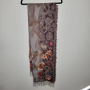 Woman's World Wool Blend Brown Camo Embroidered Flowers Fringed Hem Scarf/Wrap - Picture 1 of 8
