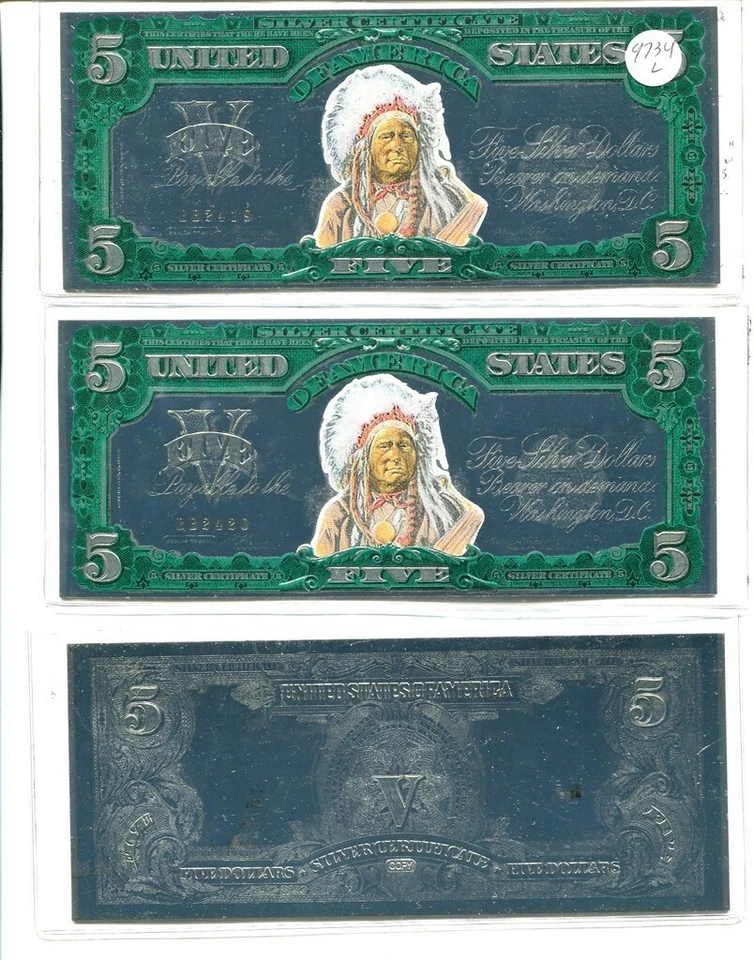 1899 $5 UNA PAPA LARGE SIZE LOT OF 3 COLORIZED .999 SILVER NOTE LOT 9734L - Image 1 of 1