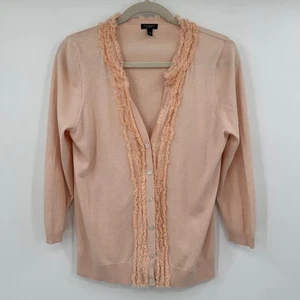 Talbots maglione cardigan donna rosa seta misto cotone con volant scollo a V M - Foto 1 di 9
