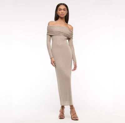 NWT Abercrombie & Fitch Taupe Off-The-Shoulder Rhinestone Mesh Maxi Dress XSP - Image 1 of 4