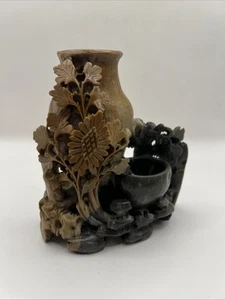 Vintage chinesische geschnitzte Speckstein Tintenfass Vase Pinseltopf Floral schwarz & Rost Kalligra - Bild 1 von 11