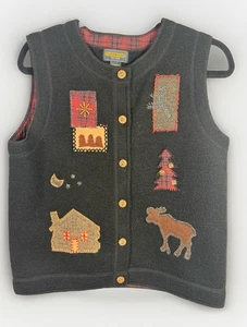 Vtg Woolrich Sweater Vest Womens 100% Wool Black Cardigan Christmas Reindeer Med - Picture 1 of 9