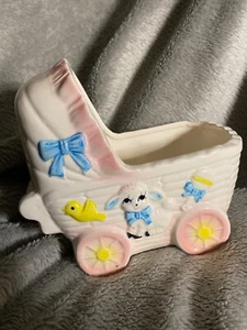 Vintage 1950s Ceramic Baby Carriage Pram Planter, Lamb Blue Pink Made in Taiwan - Picture 1 of 8