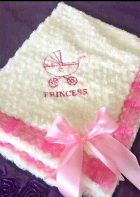 Fur Baby Blanket, Embroidered Baby Gift, Choose: Pink, Blue, White, Cream, Grey - Image 1 of 4