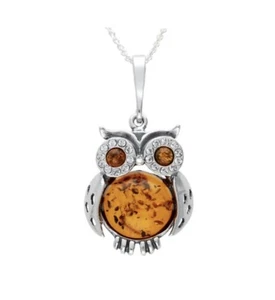 Eule Bernstein Anhänger Sterlingsilber 925 Cognac Rund Edelstein Kubik Zirkonia - Bild 1 von 2