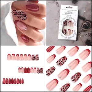 Red French Tip Press Nails Medium Ballerina Fake Nails Stick on Nails Set 24Pcs - Picture 1 of 12