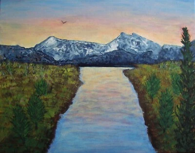 Pintura paisagem original estilo Bob Ross arte montanha pôr do sol por Carla Dancey - Imagem 1 de 3