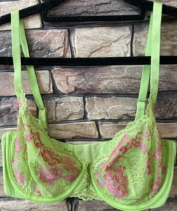 Victoria Secret Unlined Demi Bra DESIRE Green Pink Lace Crystals 32DD - Picture 1 of 4