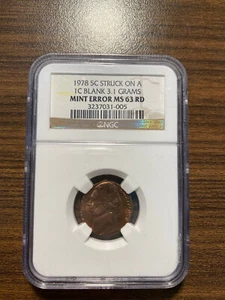 1978 Jefferson Nickel Stuck on a 1C Blank Mint Error NGC MINT STATE 63 Red (RD)  - Picture 1 of 4