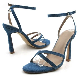 Glaze Women's Denim Ankle Strap Stiletto 4 Inch High Heels - Picture 1 of 6