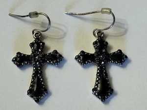 Black & Silver Tone Cross Pendant Fashion Earrings 1” Long - Picture 1 of 6
