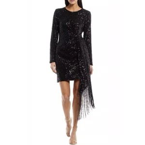 Belle Badgley Mischka Harley Dress Black Sequin Crew Neck Long Sleeve Fringe NWT - Picture 1 of 5