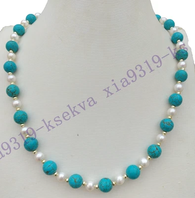 18" Exceptional Fine Turquoise Bead South Sea White pearl necklace 14k Gold P - Image 1 of 4