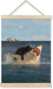 Divertente Rinascimento Fat Black Cat Vs Shark Meme Poster Wall Art Incorniciato, Vintage Qu - Foto 1 di 12