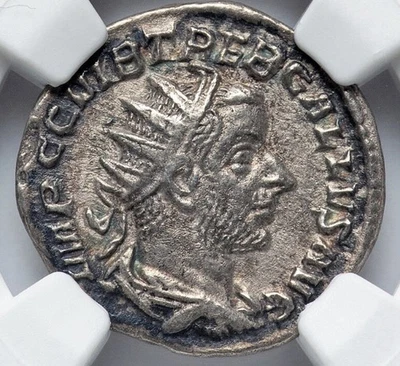 NGC Ch XF Treb Gallus 251-253 AD, Roman Empire AR Silver Double Denarius Coin - Image 1 of 4