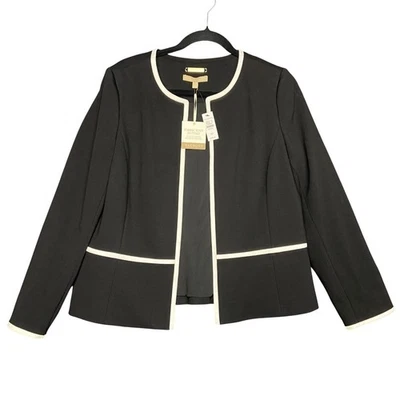 Talbots Fabric Knit Italy Black Blazer Petite Size 12P White Trim Open Front NWT - Image 1 of 4