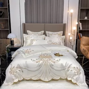 Luxury Gold Feather Embroidery Egyptian Cotton Duvet Cover Bed Sheet Bedding Set - Picture 1 of 17