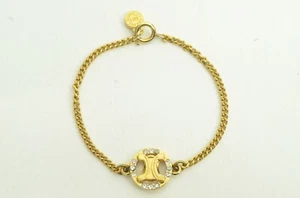 Authentic Celine Circle Charm Bracelet GP Chain Rhinestone Emblem Logo Jewelry - Picture 1 of 9