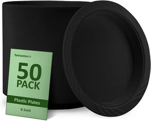 50 Count 6" Black Plastic Plates Disposable Heavy Duty For Weddings Parties And - Picture 1 of 6