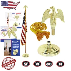 Customizable Indoor Flag Set: 7ft Oak Pole with American Flag & Brass Fittings - Picture 1 of 7