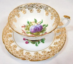 Vintage Imperial English China 22kt Gold Trim Footed Cup And Saucer - Plums etc. - Picture 1 of 5