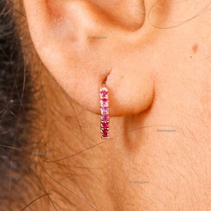 Natural Ruby Prong Set Mini Hoops\Huggies Earrings in Solid 14k Yellow Gold - Picture 1 of 7
