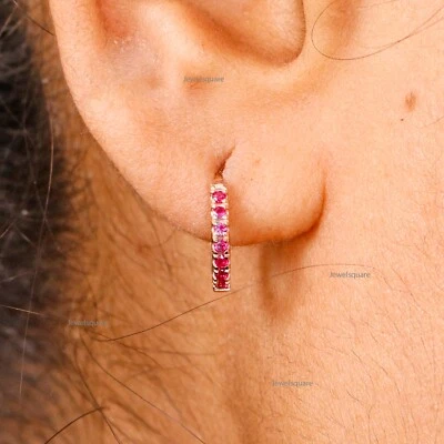 Natural Ruby Prong Set Mini HoopsHuggies Earrings in Solid 14k Yellow Gold - Image 1 of 4
