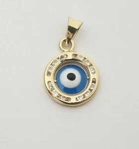 14K Solid Gold CZ Evil Eye Good Luck Pendant - Picture 1 of 7