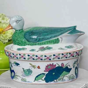 Vintage Ente Vogel oval bedeckt Auflaufform Terrine chinesischer Export asiatischer Lotus - Bild 1 von 11