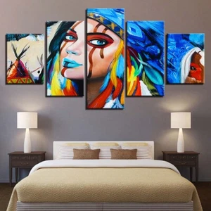 Indian Feather Headwear Woman Canvas Prints Painting Wall Art Home Decor 5PCS - Picture 1 of 5