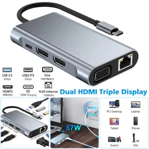 8 in 1 Laptop Docking Station Type-C Dual HDMI Hub Adapter USB-C Triple Display - Picture 1 of 10