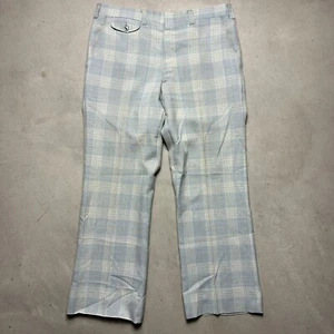 Vintage Plaid Dress Pants Wide Leg Flare Trousers Blue Gray 70s Adult 32 x 27L - Picture 1 of 6