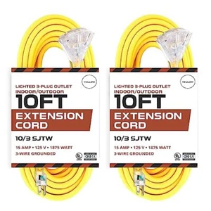 2 Pack of 10 Ft Outdoor Extension Cords-3 Outlets -10/3 Yellow 10 Gauge -3 Prong - Picture 1 of 7