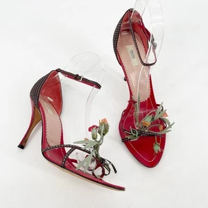 Prada Vintage Red Brown Floral Bouquet Bow Detail Ankle Strap Sandal Heel IT 38 - Picture 1 of 11