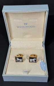 Gemelos Wedgwood jaspe negro caballos tono dorado Inglaterra - Imagen 1 de 6