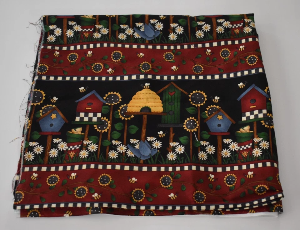 DEBBIE MUMM FABRIC sunflowers daisies beehive birdhouse BORDER STRIPE 23" X 44" - Image 1 of 3