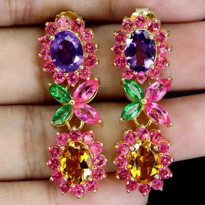 925 Sterling Silver Earrings Oval Citrine 8x6mm Amethyst Topaz Gemstone Jewelry - Image 1 of 4