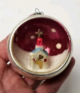 Mercury Glass Ornament Vintage Diorama Church Pink Christmas RARE Japan - Picture 1 of 7