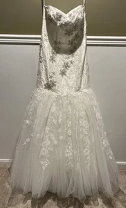 Oleg Cassini Lace Appliqué Mermaid Strapless Ivory Wedding Dress 8 7CWG482 NEW - Picture 1 of 17