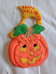 Vintage Happy Halloween Fabric Doorknob Hanger Sign Pumpkin Jack-o-Lantern - Picture 1 of 12