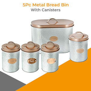 5PCs Metal Bread Bin Storage Box Canister Set Lid Tea Coffee Sugar Biscuits Jar