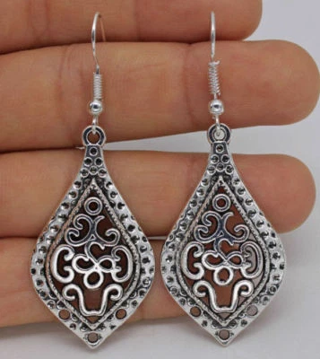 Awesome New Tibetan Silver Art Carved Teardrop Hook Dangle Drop Earrings - Image 1 of 3