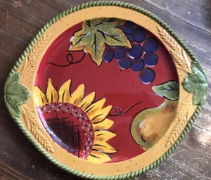 Ceramic Platter with Ceramic Leaf Handles Sunflower Grapes Pear 15” W Green Red - Picture 1 of 9
