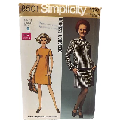 1960s Simplicity 8501 Designer Jacket Collar Dress Ladies Size 14 Sewing Pattern - Image 1 of 4