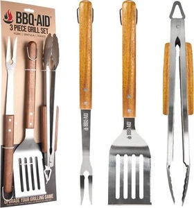Heavy Duty BBQ Set - Stainless Steel Grill Tools with Wood Handles - Picture 1 of 9