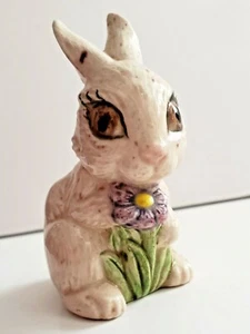Big Eyed Whitish Color Ceramic Bunny with a Purple flower - Picture 1 of 10