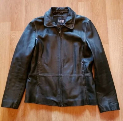 Blassport Black Leather Jacket Women Medium Full Zip Fitted Pockets Collar Lined - Image 1 of 4