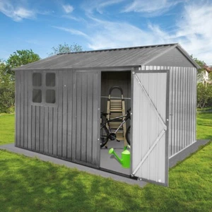 8*10 FT Outdoor Storage Shed Metal Garden Tool Shed Lockable Door w/Window Grey - Picture 1 of 7